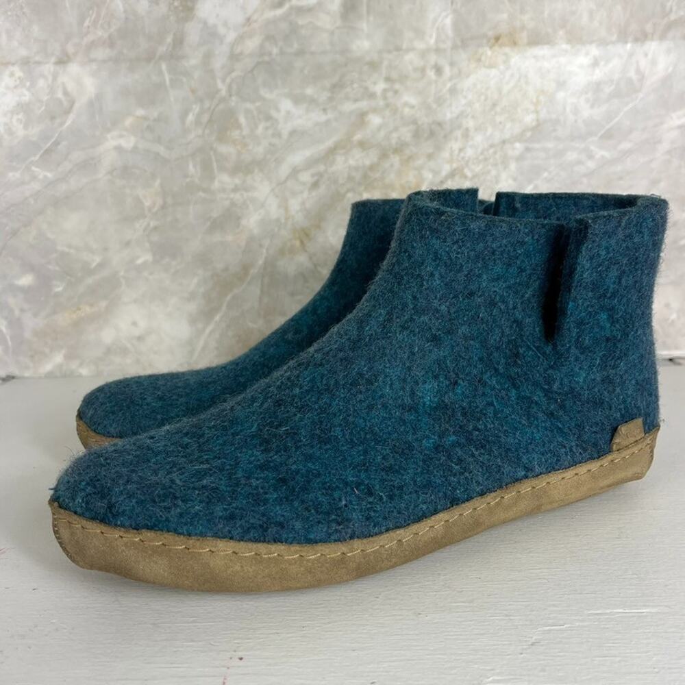 Glerups Womens Booties Slippers Wool Upper Size 11 Petrol Blue Suede Sole